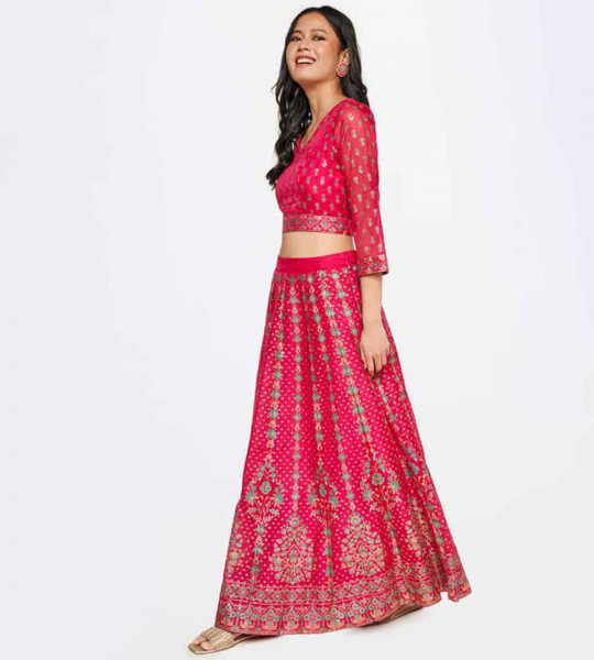 Women Floral Printed Blouse with Lehenga