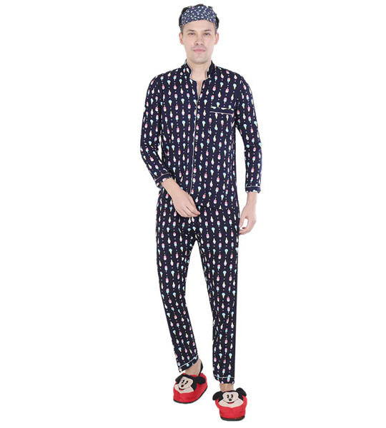 Navy Blue Printed Sleepwear Set (Get Free Face Mask Inside)