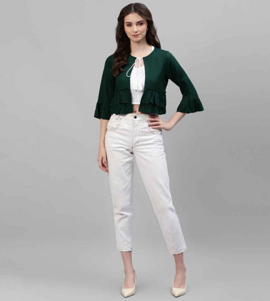 Women Green Tie-Up Crop Shrug