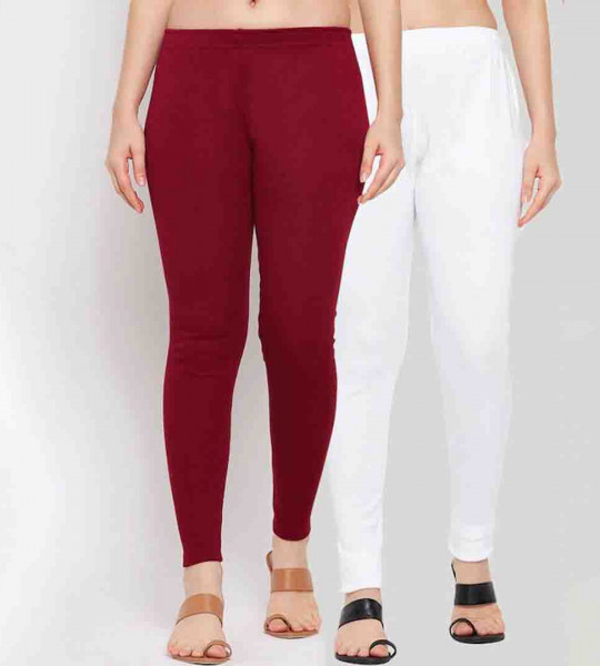 Women Pack Of 2 Maroon & White Solid Leggings