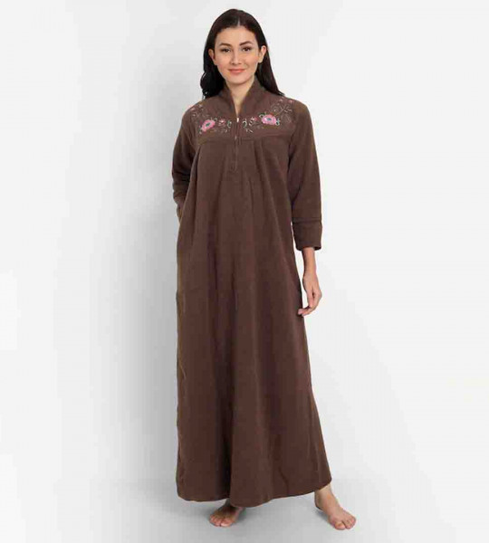 Women Brown Embroidered Maxi Nightdress