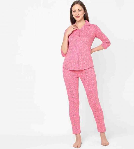 Women Pink & White Printed Night suit