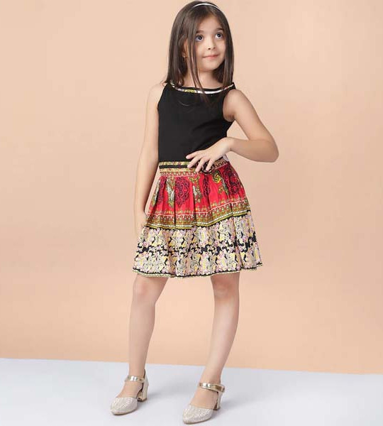 Girls Black & Red Printed Fit and Flare Dress