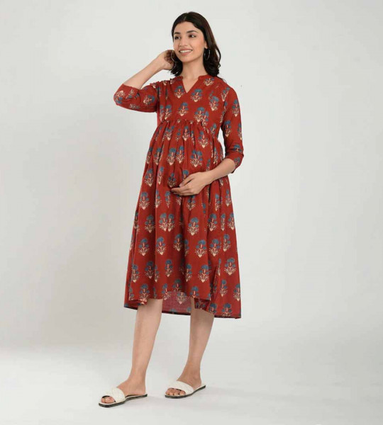 Maroon & Yellow Ethnic Motifs Ethnic Maternity & Nursing Midi Dress